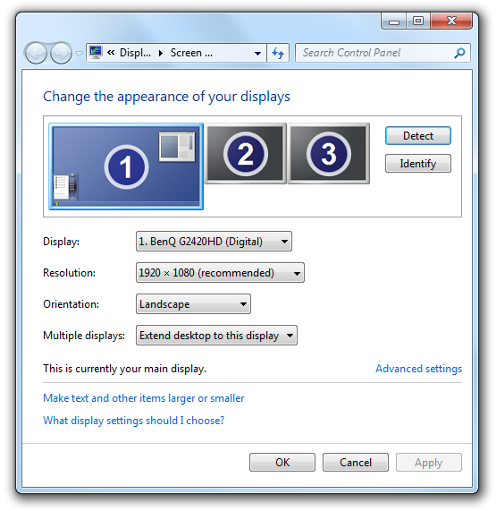 Screen Resolution Control Panel Item of Windows 7