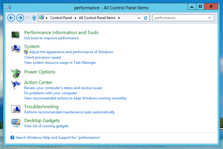 Performance - All Control Panel Items of Windows 8