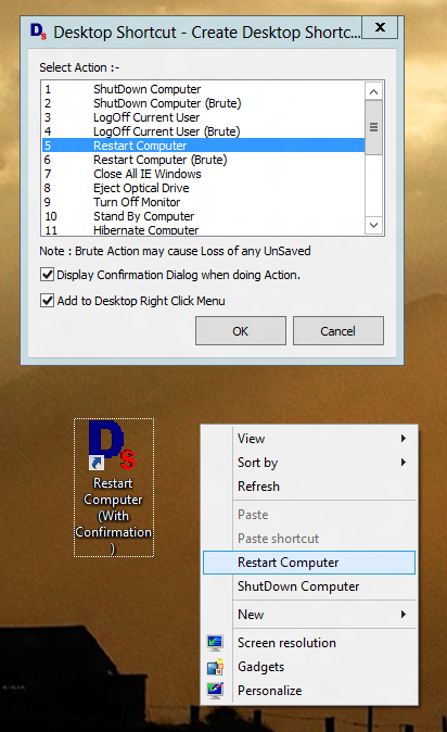 Restart Windows 8 with Desktop Shortcut or Right Click Menu