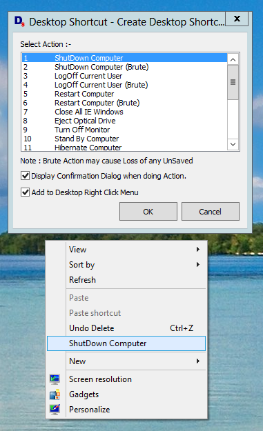 Shutdown a Windows 8 Computer with Desktop Shortcut or Shortcut in Desktop Right Click Menu