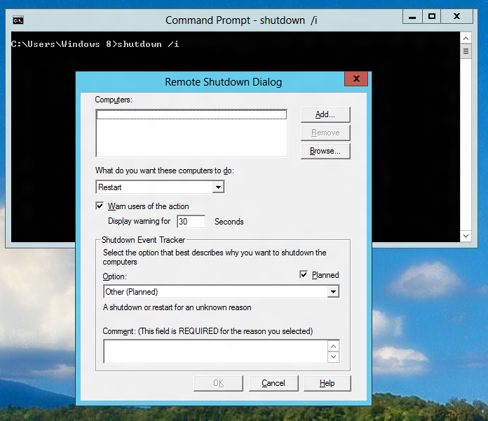 Remote Shutdown Utility of Windows 8 launched from Command Line