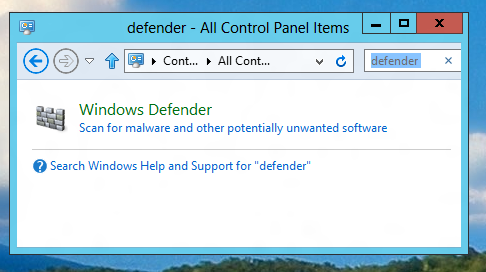 Launching of Windows 8 defender by Searching for the word defender in Control Panel