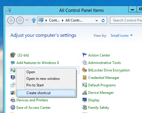 Create Desktop Shortcut for Control Panel Command in Windows 8