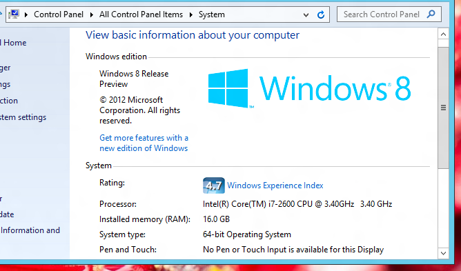 Screenshot displays a 64 bit version of Windows 8