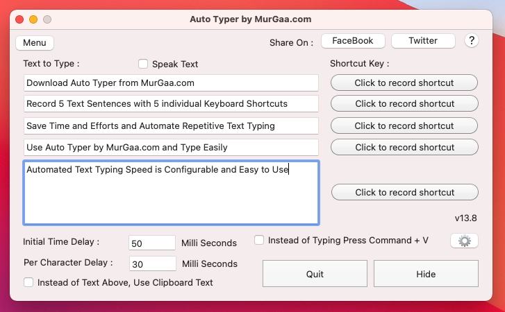 Main Screen of Mac Auto Typer captured on Apple Macintosh