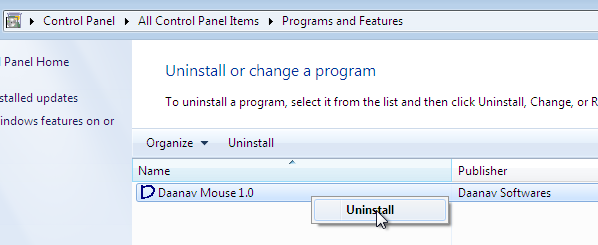 Start Software Uninstall in Windows 7 from Programs and Features