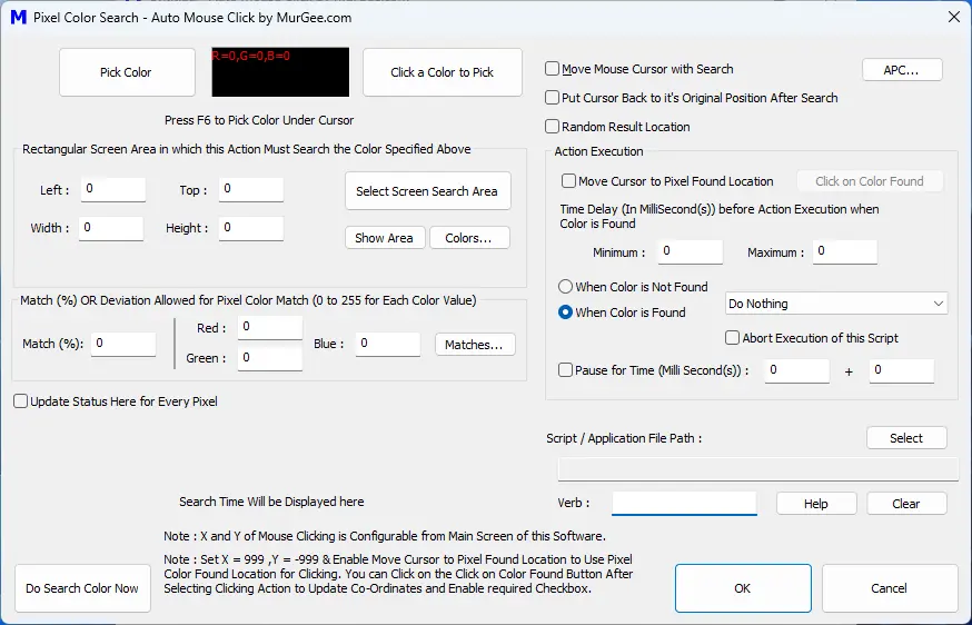Screenshot of Pixel Color Search Application to Click on Color